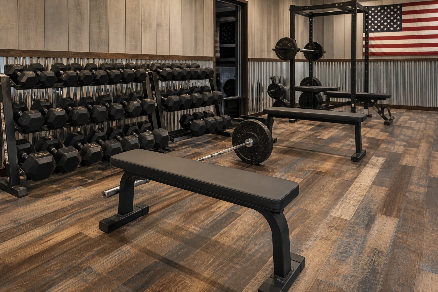 Weight benches and barbells in the strength area